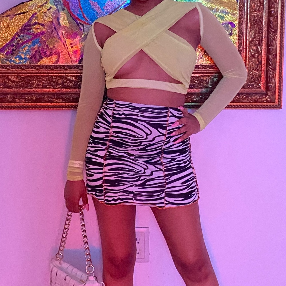 Black Zebra Contrast Seam Mini Skirt